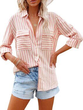 🆕Women's Pink Long Sleeve Button Down V Neck Casual Imported Blouses Shirts